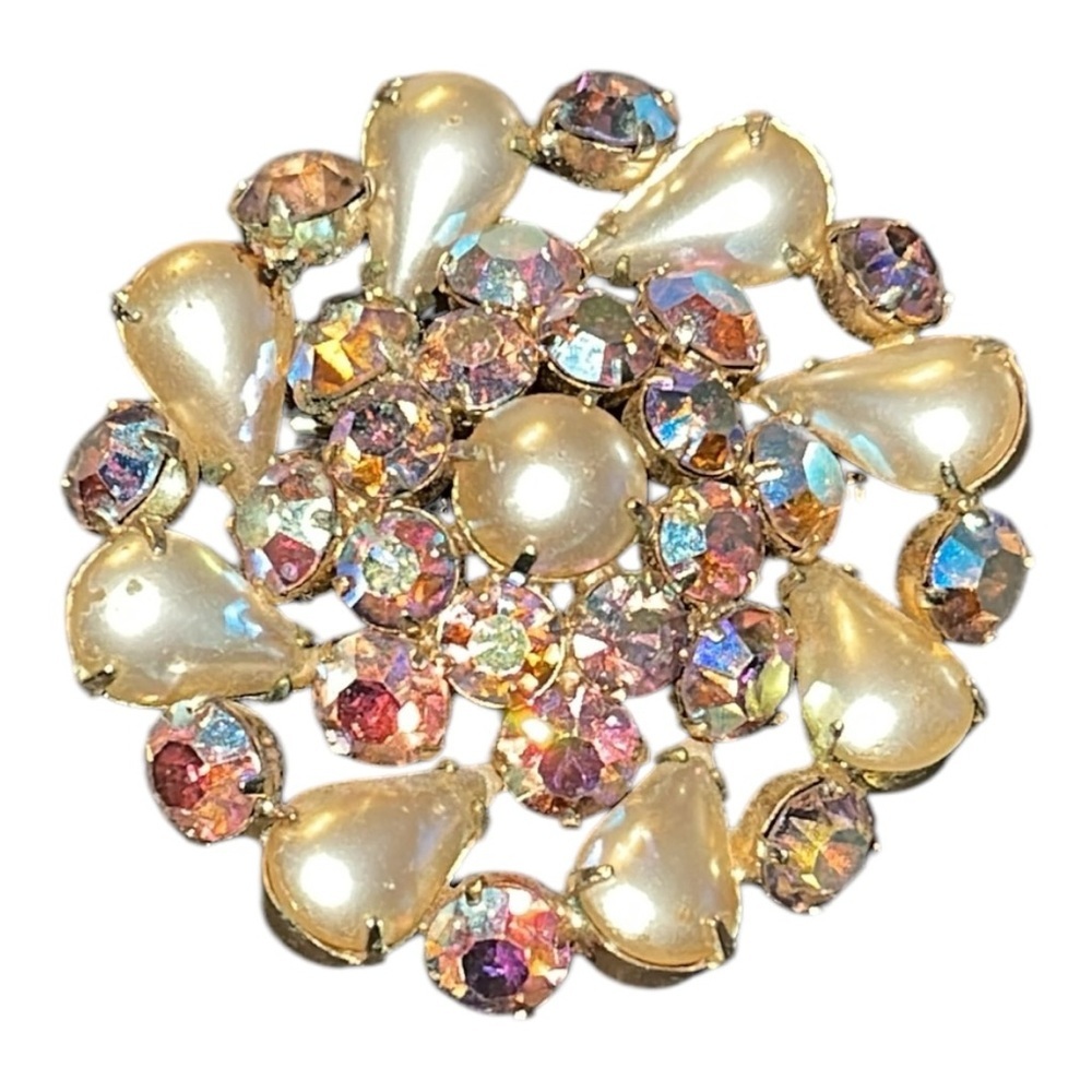 Vintage Aurora Borealis Rhinestone & Faux Pearl Cluster Brooch